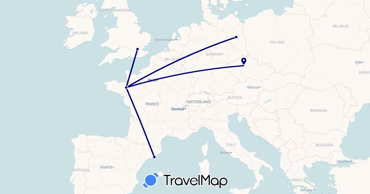 TravelMap itinerary: driving in Czech Republic, Germany, Spain, France, United Kingdom (Europe)